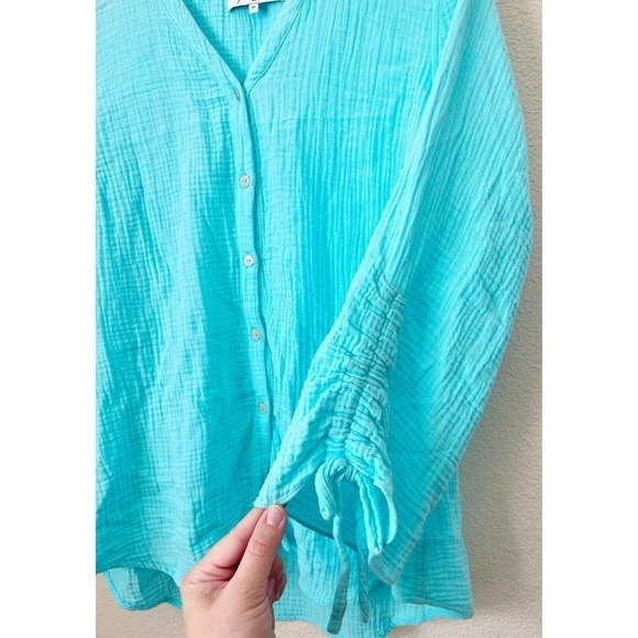 Foxcroft Womens Size Medium Textured Cotton Button Front Aqua Ruched Sleeve Blue - Picture 4 of 6